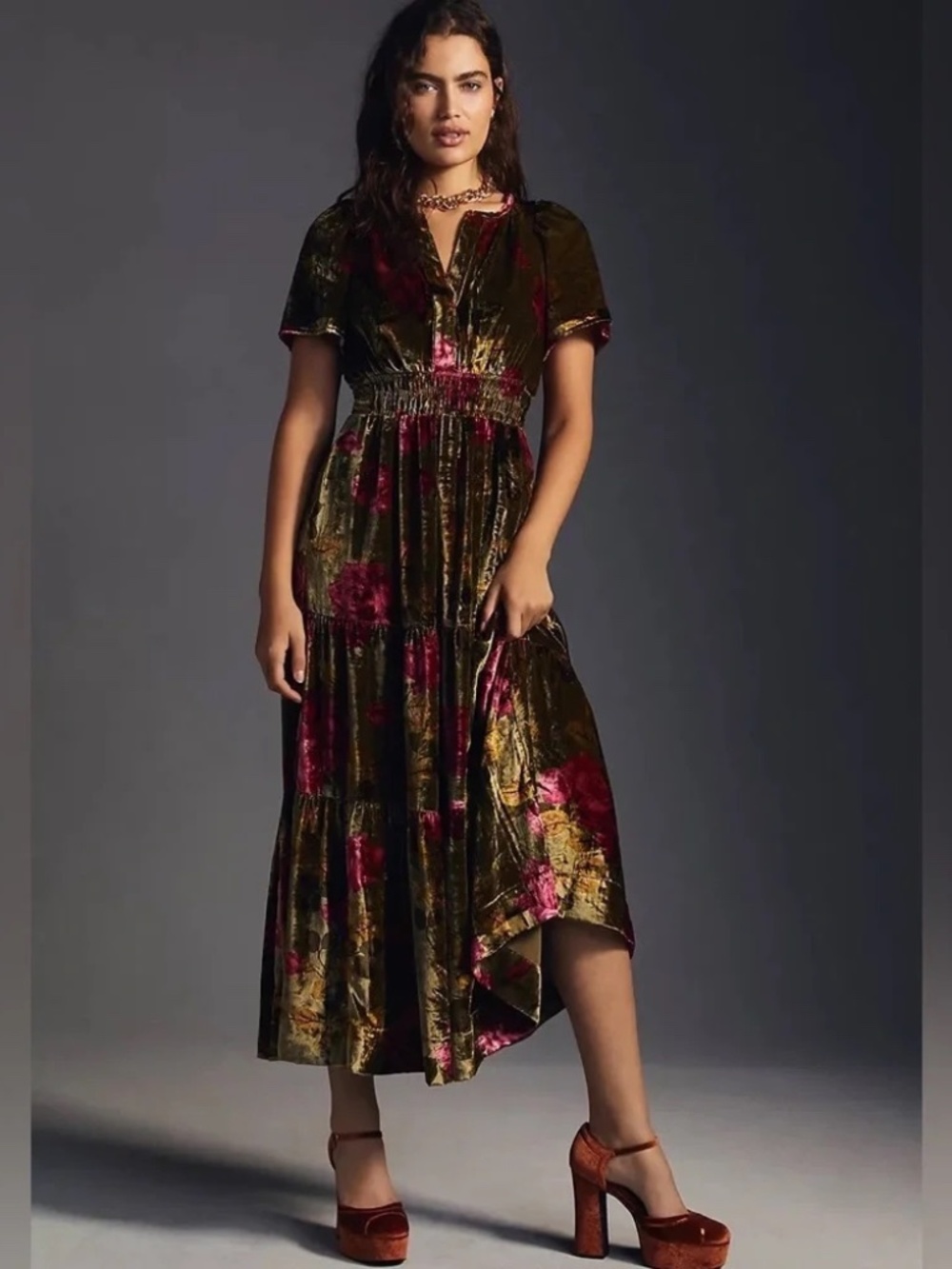 Anthropologie The Somerset Velvet Maxi Dress Green Floral - Size XSP